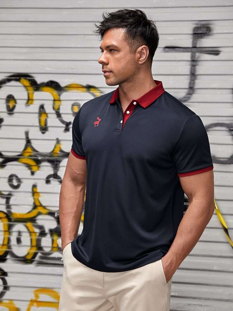 Regular Polo Short Sleeve Navy Blue Men Tops 8826