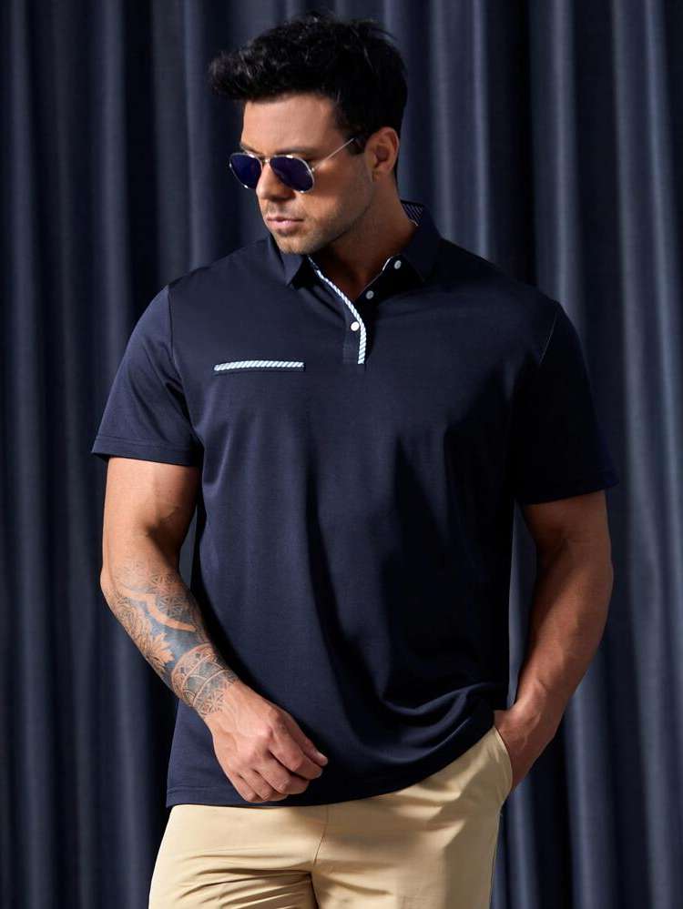 Regular Short Sleeve Navy Blue Plain Men Tops 1907