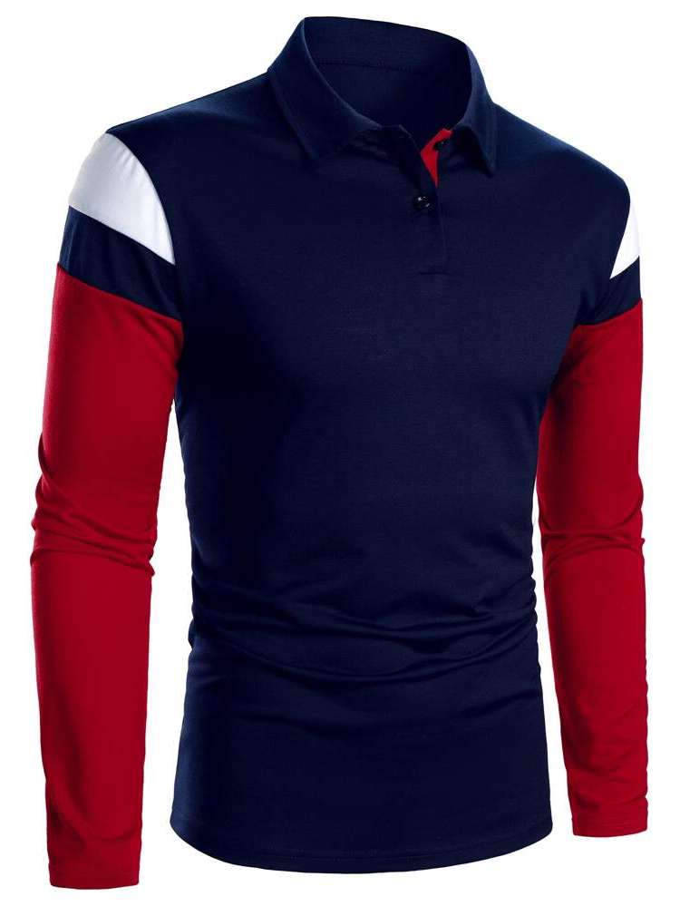 Navy Blue Long Sleeve Polo Button Men Tops 2033