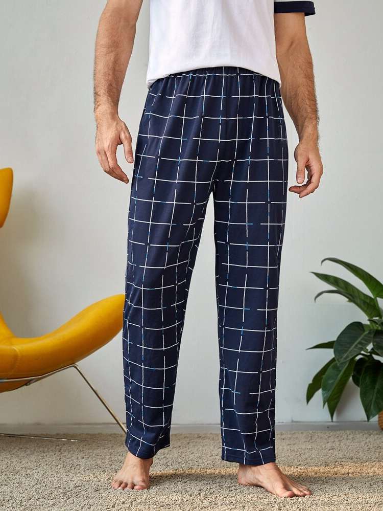 Navy Blue  Plaid Men Loungewear Bottoms 5143