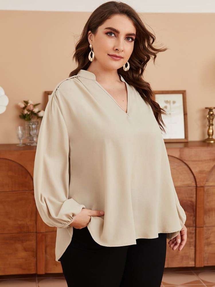 High Low Long Sleeve Regular Plain Plus Size Tops 6828