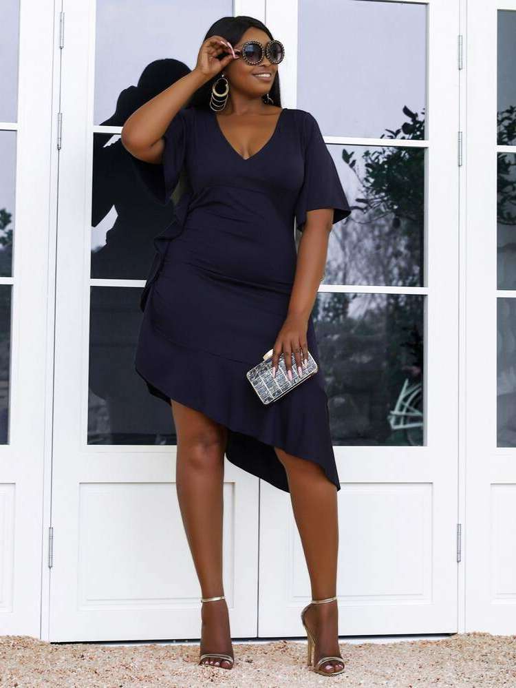 Short Sleeve Asymmetrical Navy Blue Regular Fit Plus Size Dresses 7574