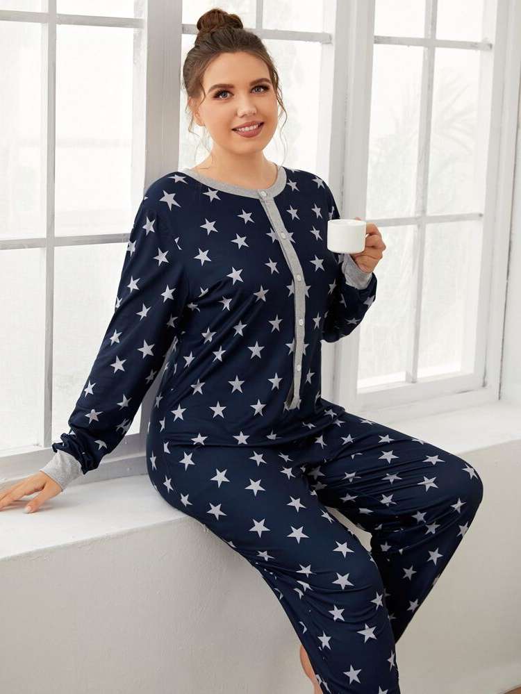  Geometric Button Front Navy Blue Underwear  Sleepwear 3267