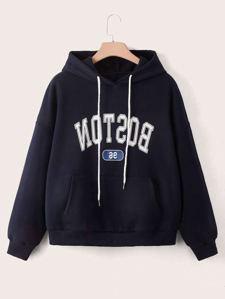 Hooded Regular Fit Drawstring Letter Plus Size Sweatshirts 455