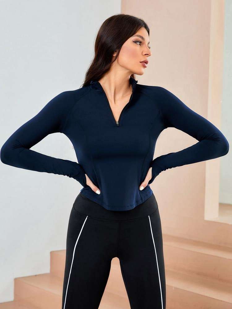  Navy Blue Long Sleeve Women Active Tops 9887