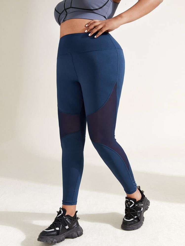  Navy Blue Cropped Contrast Mesh Plus Size Sports Leggings  Pants 510