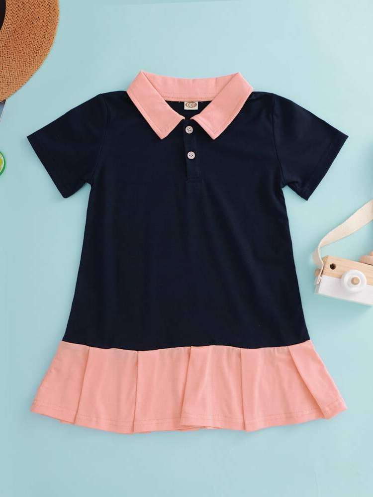 Cute Short Contrast Collar Colorblock Toddler Girl Dresses 198