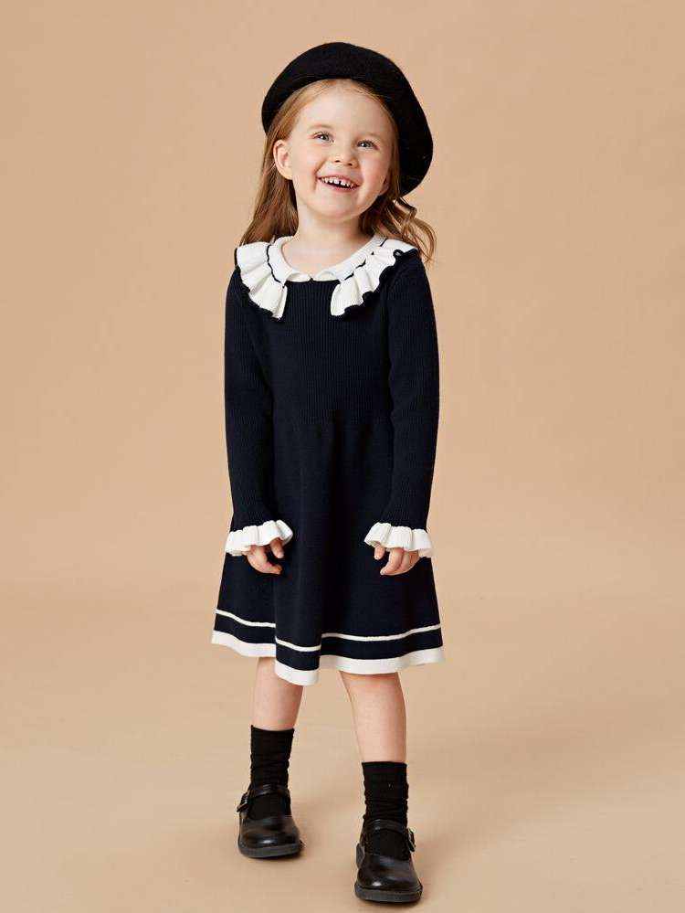 Colorblock Cute Contrast Collar Midi Toddler Girl Sweater Dresses 6947