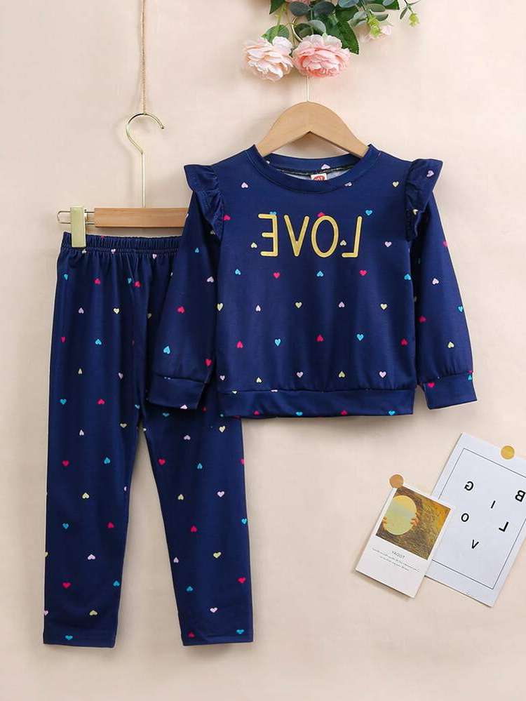 Letter Round Neck Navy Blue Toddler Girl Two-piece Outfits 3110