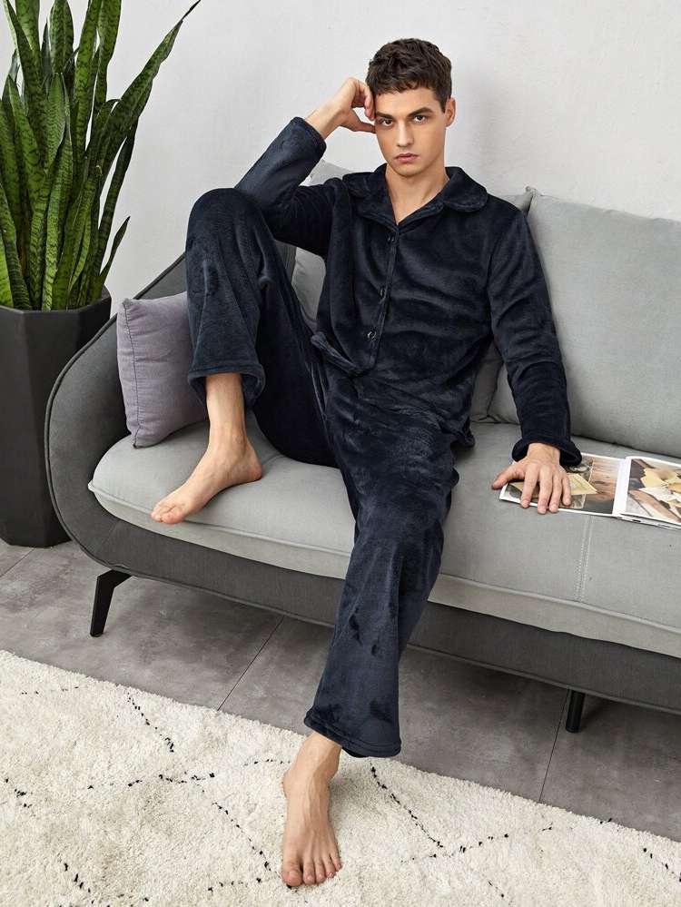 Button Lapel Plain Men Loungewear Sets 2407