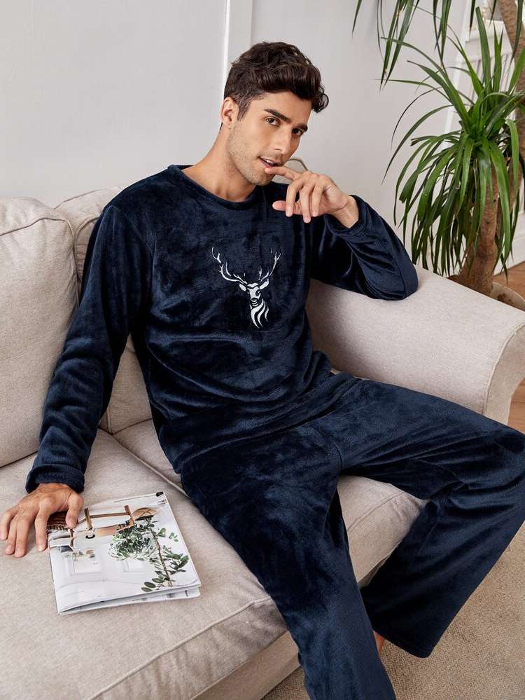 Long Sleeve Navy Blue Round Neck Men Loungewear Sets 625