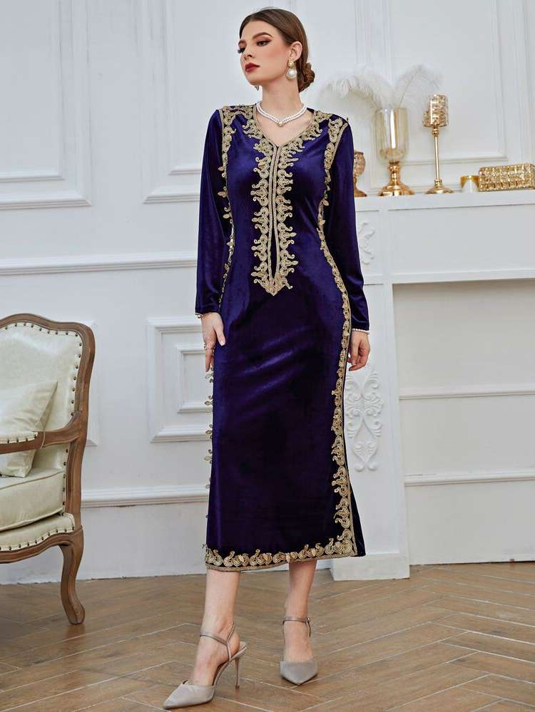 V neck Plants Embroidery Glamorous Arabian Wear 5160