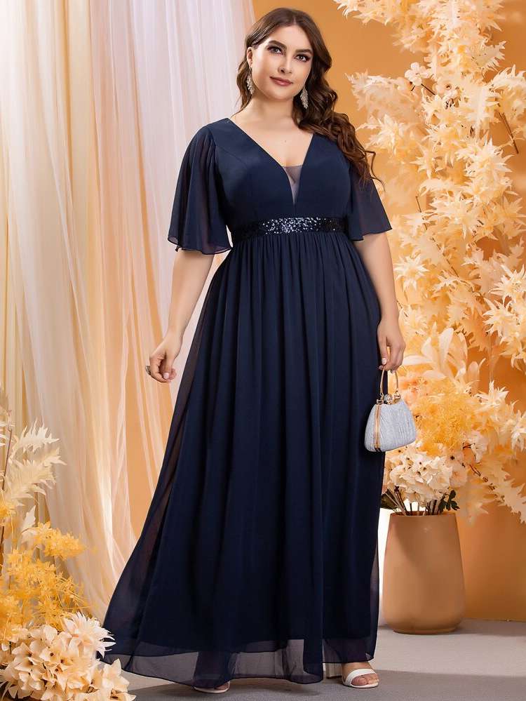 Maxi Navy Blue Deep V Neck Half Sleeve Wedding  Special 3302