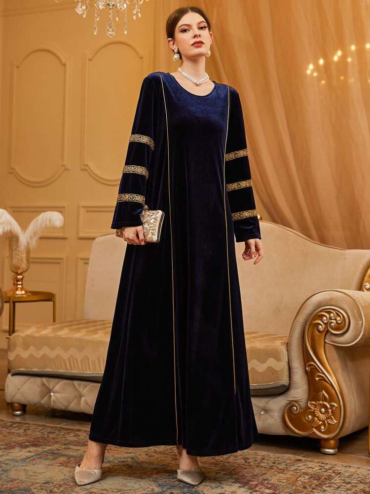 Round Neck Contrast Binding Navy Blue Wedding  Special 8993