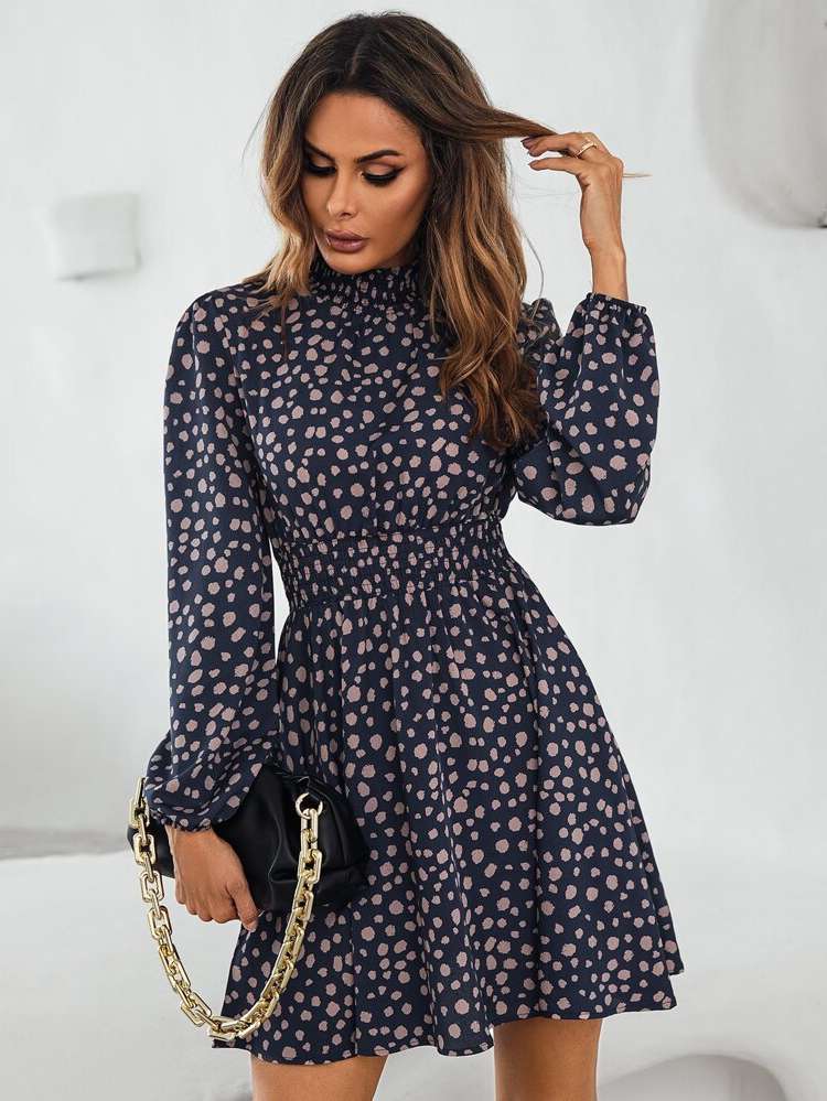 Stand Collar Shirred All Over Print Women Dresses 7699