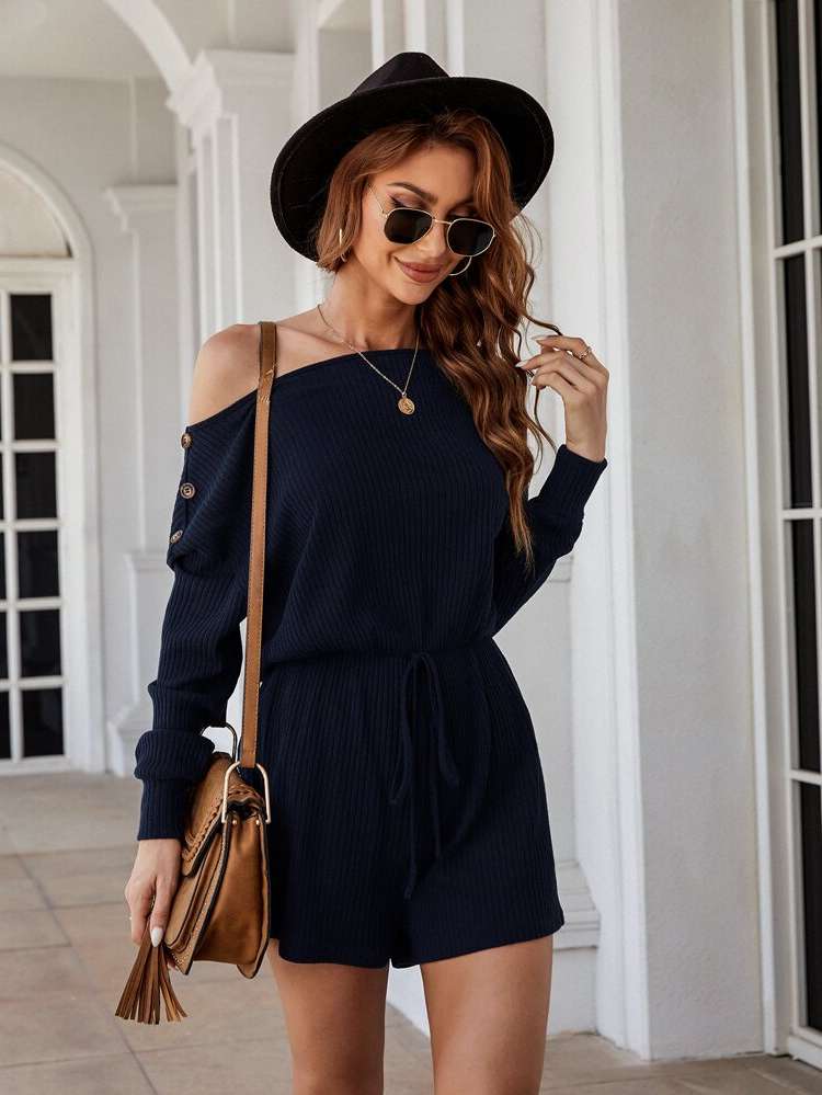 Long Sleeve Regular Fit Short Off the Shoulder Women Jumpsuits  Bodysuits 8033