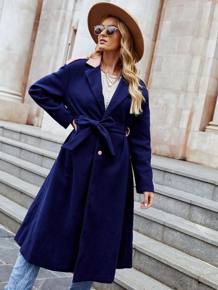 Lapel Navy Blue Long Sleeve Women Outerwear 226