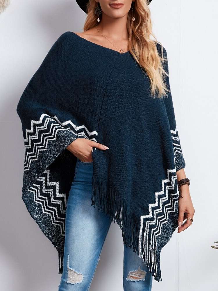 Chevron Fringe Navy Blue Long Women Knitwear 1559