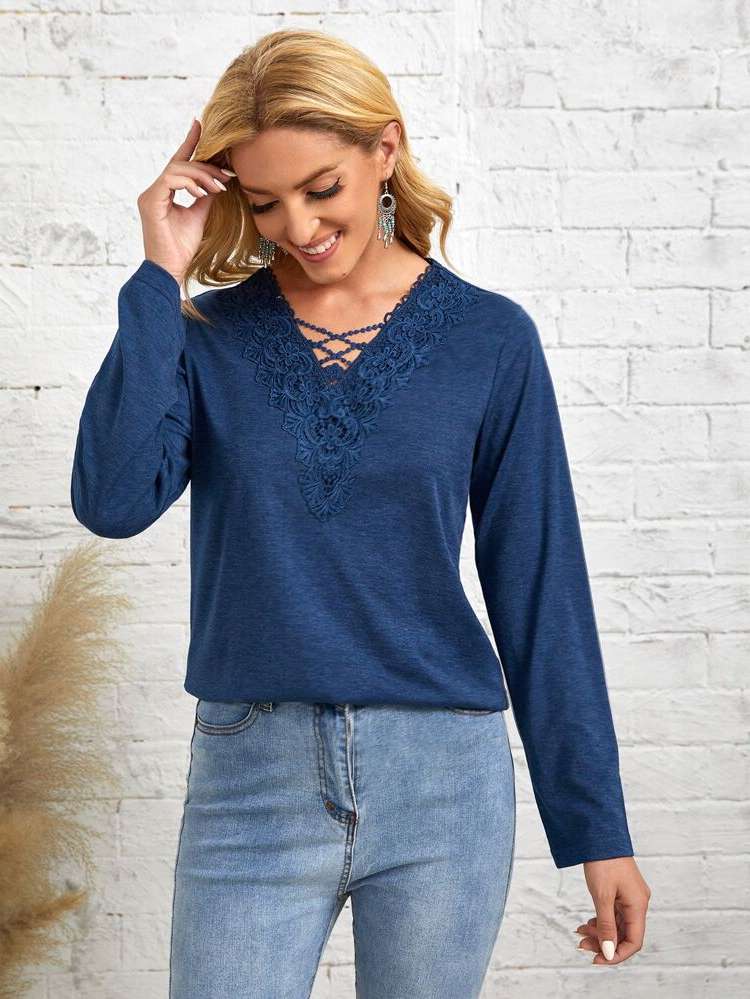 Regular Fit Navy Blue Long Sleeve Regular Women Tops, Blouses  Tee 2020