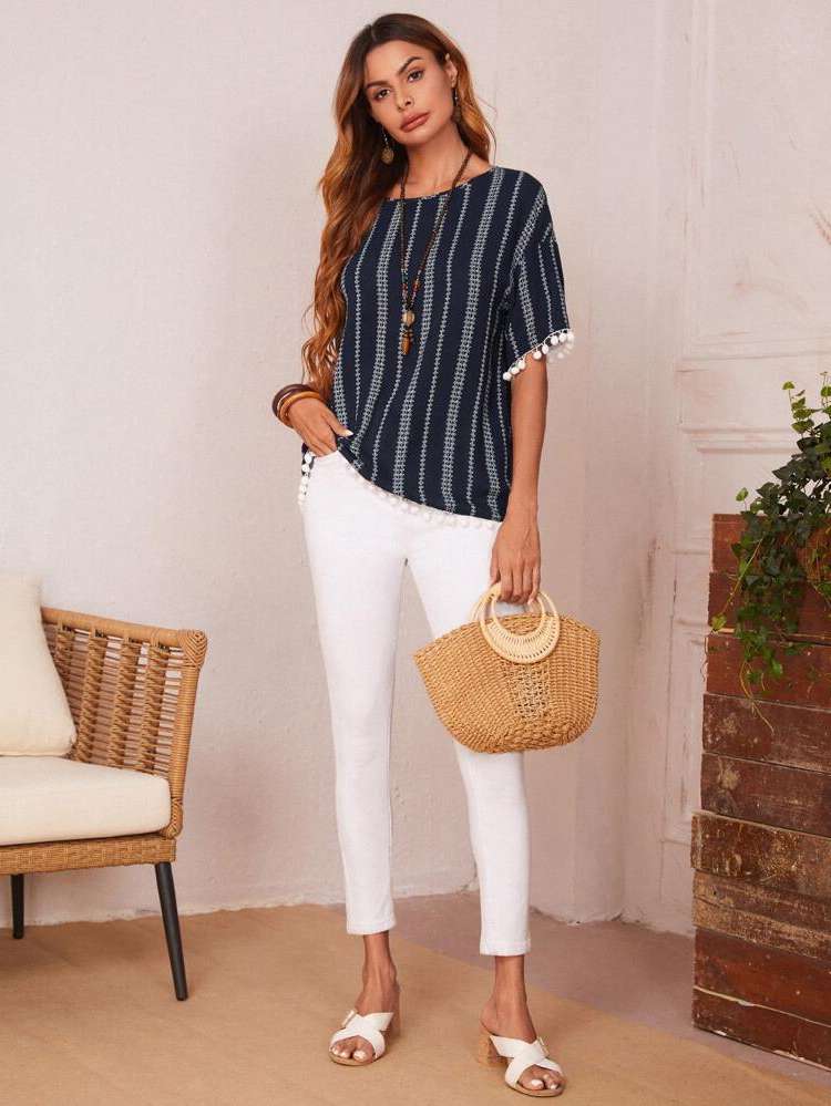 Boho Geometric Short Sleeve Navy Blue Women Clothing 3404