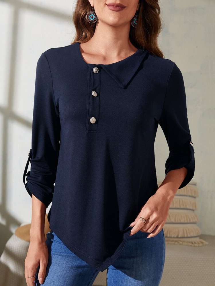 Button Regular Fit Asymmetrical Neck Navy Blue Women Clothing 3262