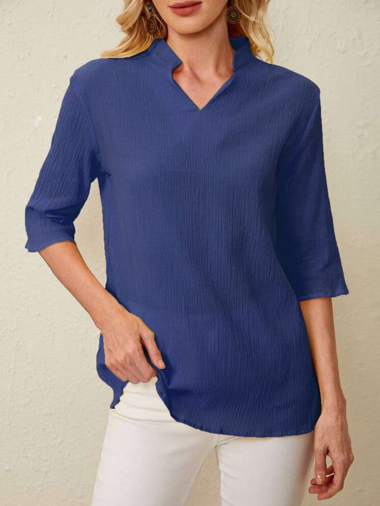 Notched Casual Plain Women Blouses 6459