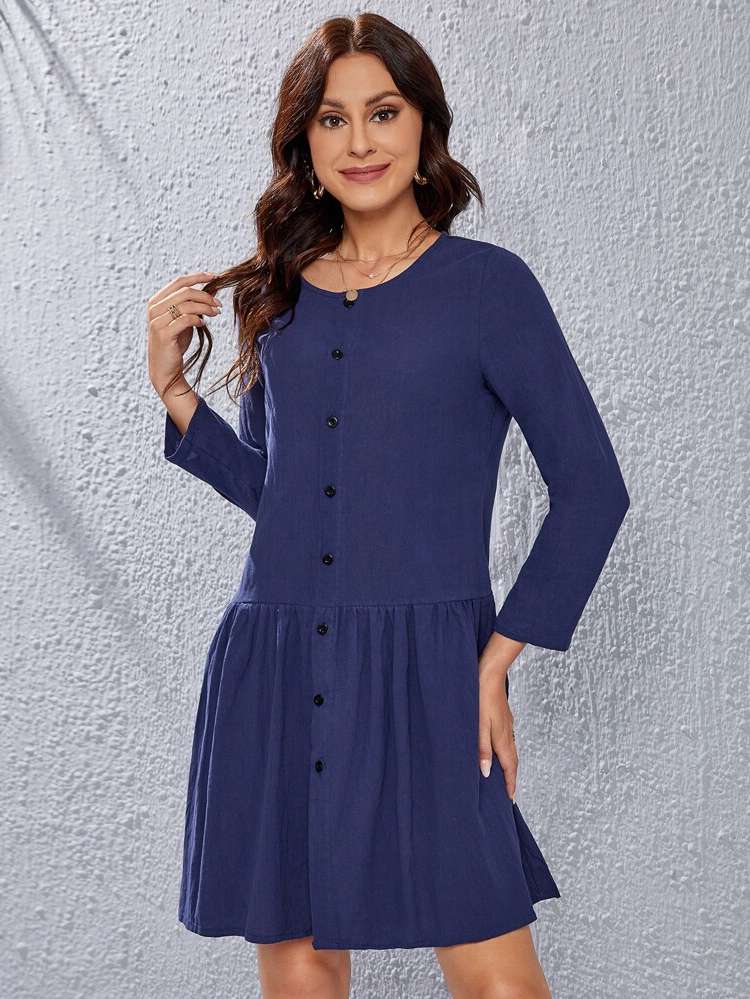 Regular Fit Button Front Casual Three Quarter Length Sleeve Women Dresses 5379