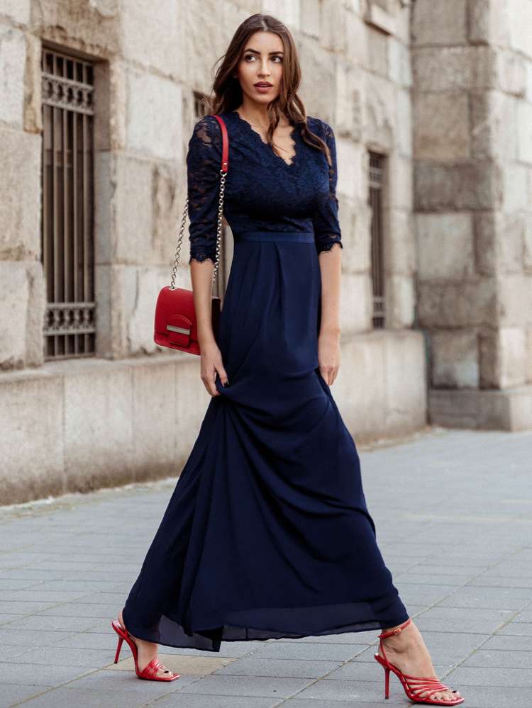 Maxi Three Quarter Length Sleeve Navy Blue Plain Women Clothing 8106