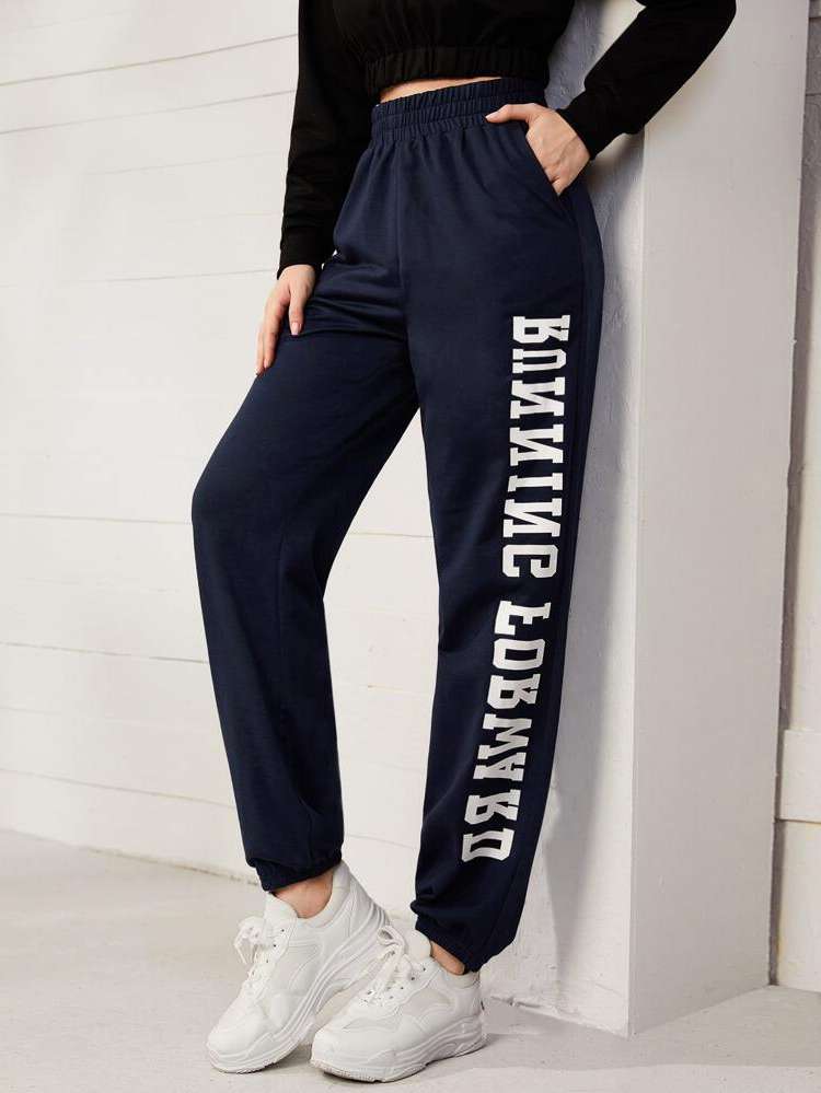 Navy Blue Slogan Regular Fit Pocket Women Clothing 104