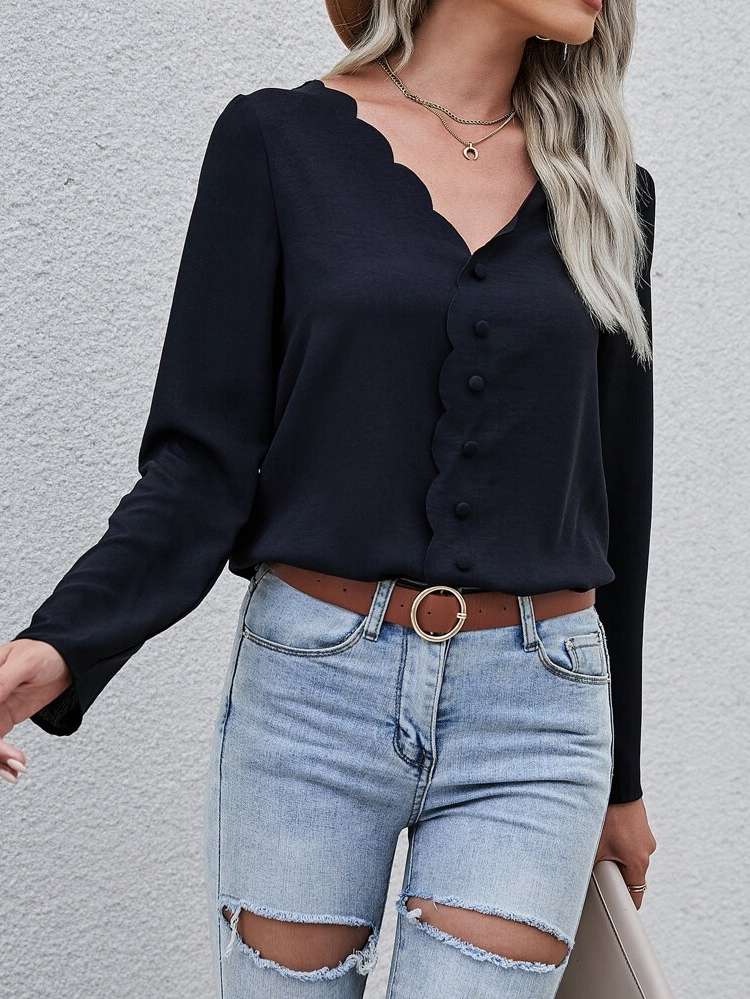  Scallop V neck Navy Blue Women Blouses 495