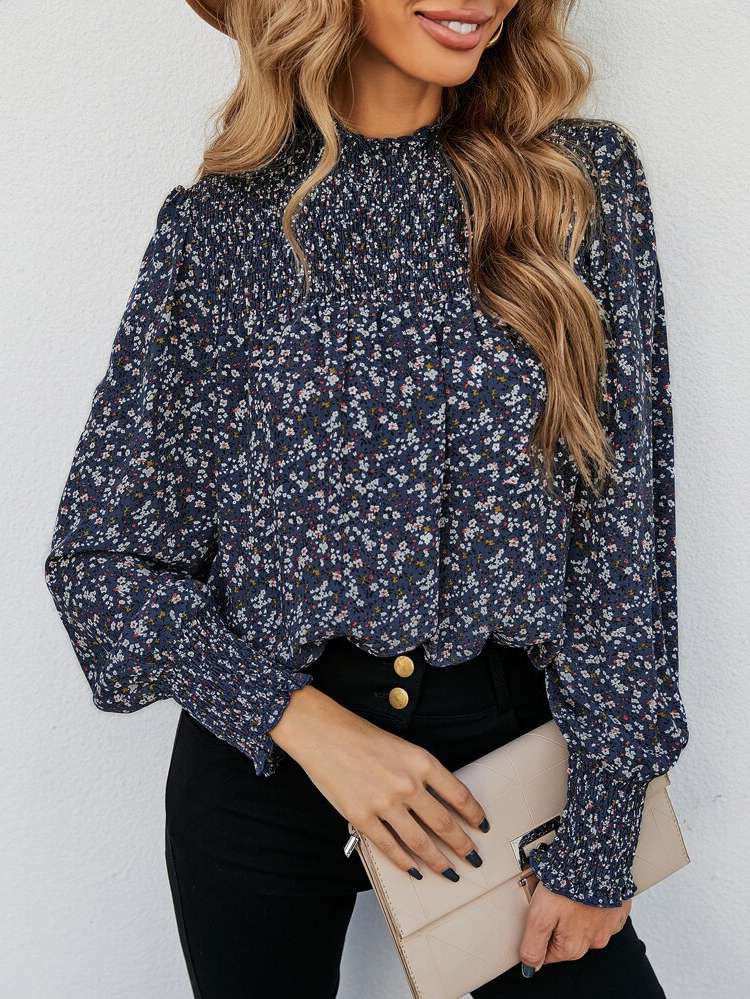 Long Sleeve Stand Collar Ditsy Floral Shirred Women Tops, Blouses  Tee 5645