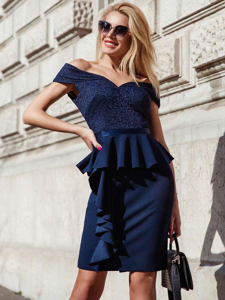 Off the Shoulder Navy Blue Slim Fit Elegant Women Dresses 8489