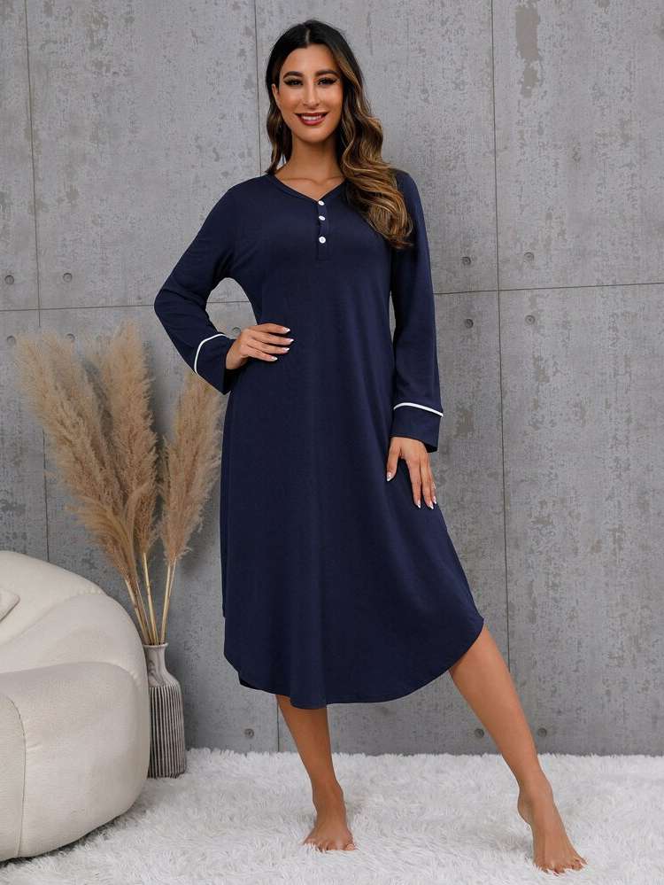  Navy Blue Button Women Sleep  Lounge 5133