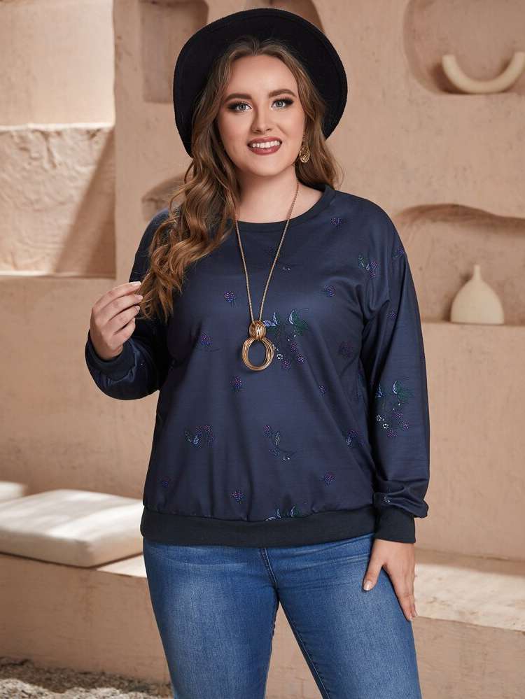 Long Sleeve Round Neck  Plus Size Sweatshirts 8400