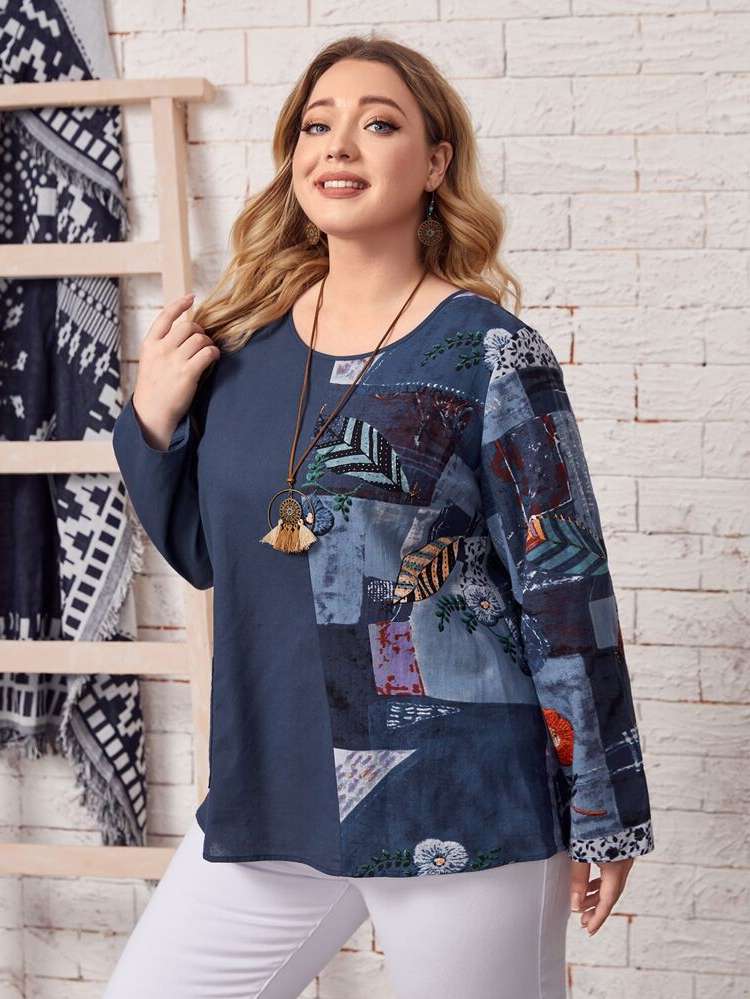  Elegant Round Neck Long Sleeve Plus Size Tops 5169