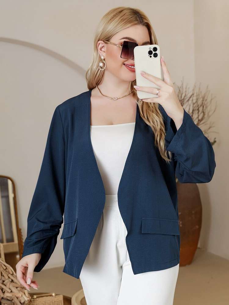  Long Sleeve Navy Blue Plus Size Jackets 8660