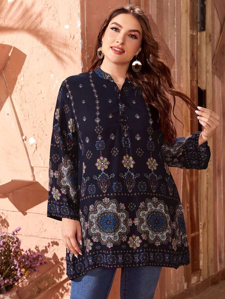  Tribal Long Notched Plus Size Blouses 3874