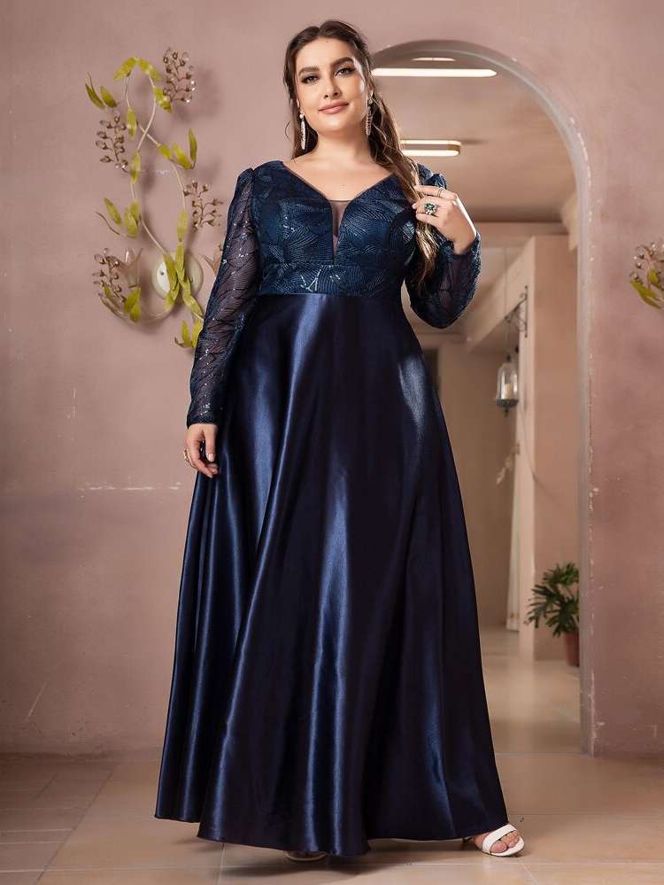 Long Sleeve Maxi Regular Fit Navy Blue Plus Size Dresses 2131