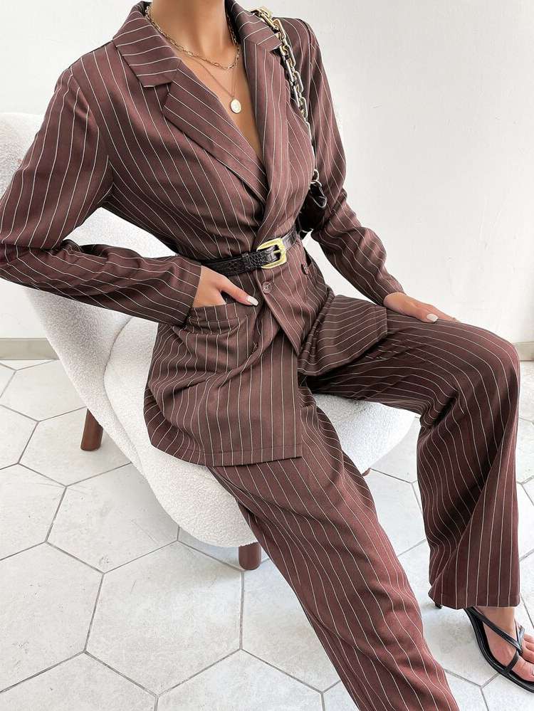  Striped Navy Blue Women Suits 698