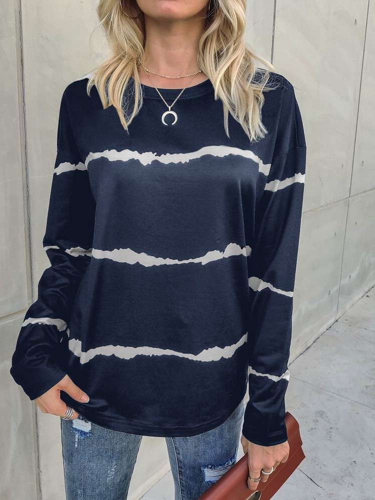  Navy Blue Casual Round Neck Women Tops, Blouses  Tee 3595