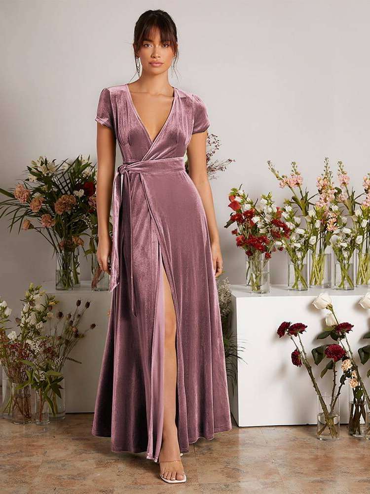 Maxi Glamorous Deep V Neck Wrap Bridesmaid Dresses 8587