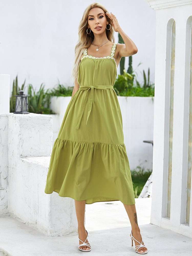 Embroidery  Olive Green Women Dresses 523