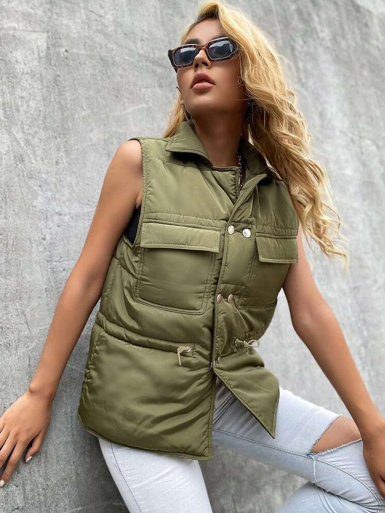 Collar Sleeveless Olive Green Plain Women Winter Coats 196