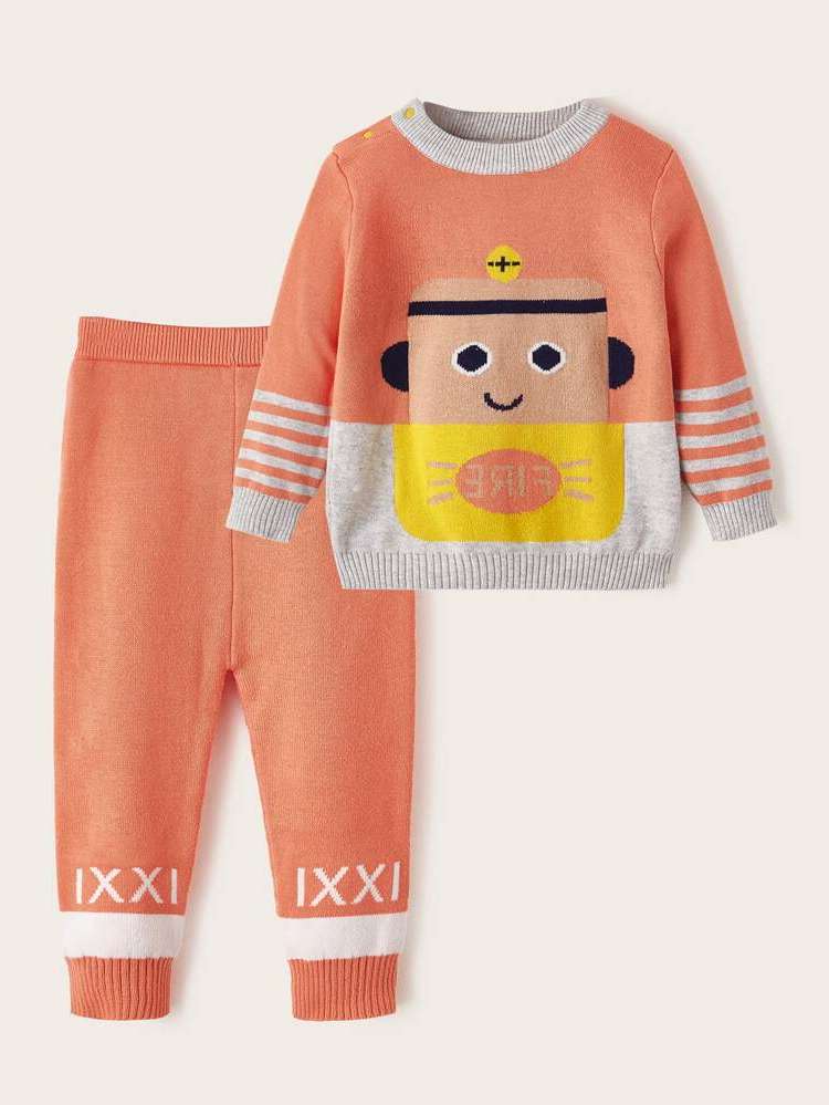 Long Sleeve Round Neck Orange Cartoon Baby  Mom 860