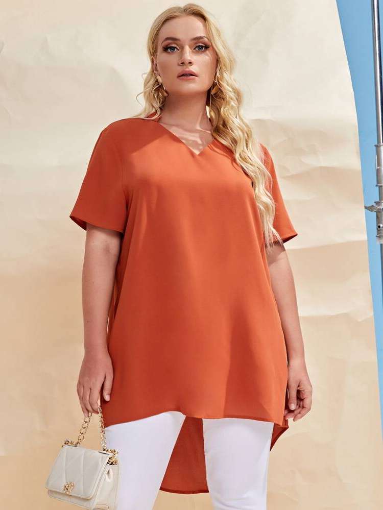 Casual Plain Orange Women Plus Clothing 2302