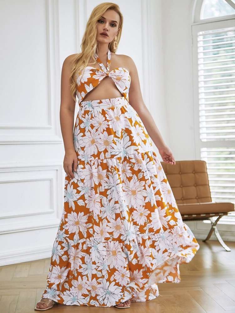 Sleeveless Boho Halter Orange Plus Size Dresses 737