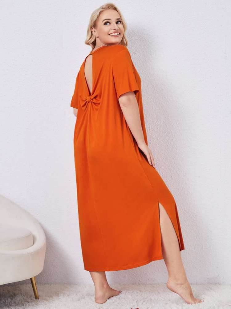 Plain Orange Short Sleeve Bow Women Plus Sleep  Lounge 299