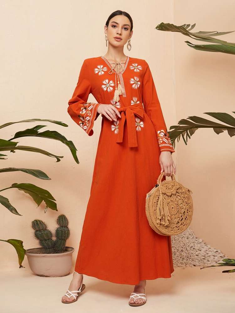 V neck Orange Long Sleeve Embroidery Arabian Wear 8064