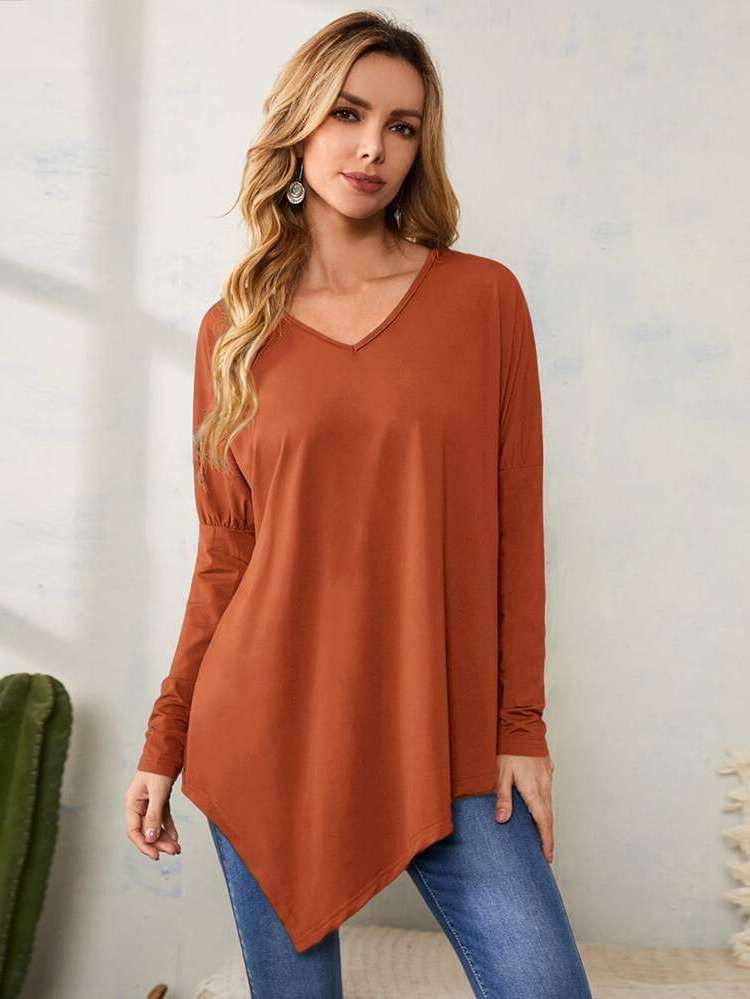 Long Plain V neck Oversized Women Tops, Blouses  Tee 1735