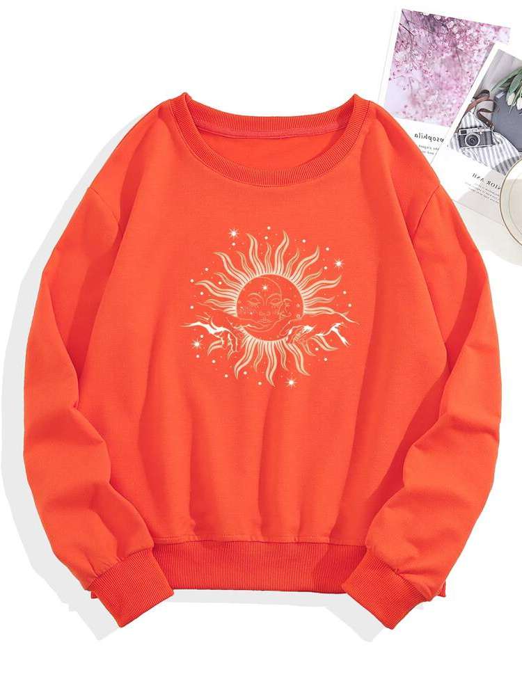 Graphic Long Sleeve Orange Casual Women Sweatshirts 994